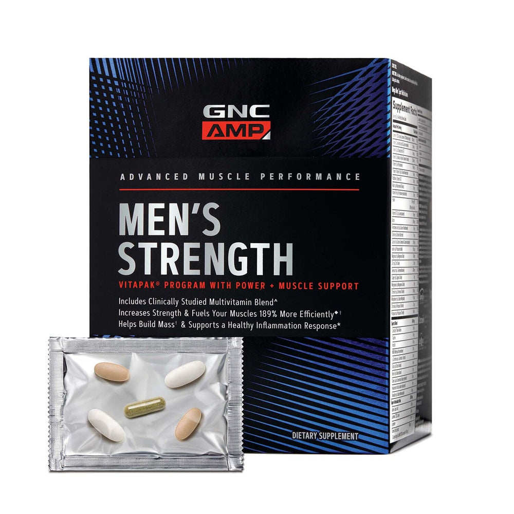 GNC AMP Men’s Strength Vitapak full packaging for easy daily use and three-in-one support