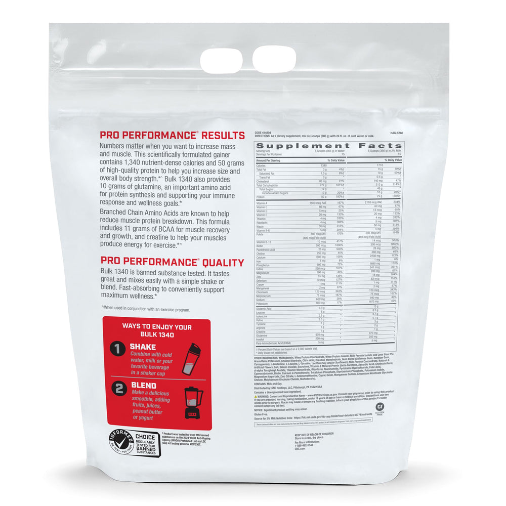 GNC Bulk 1340 nutrition label highlights calories and macros for planning.