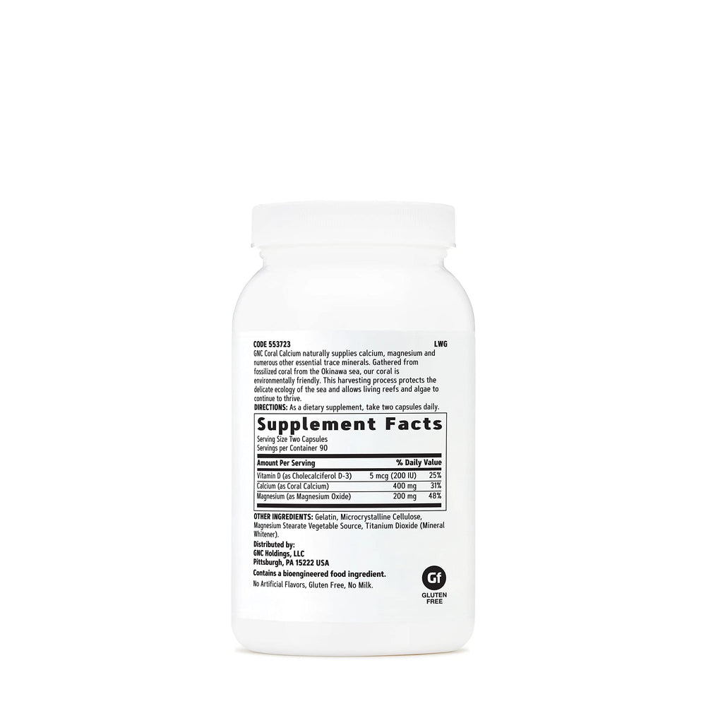 Close-up of GNC Coral Calcium 400mg bottle label highlighting vitamin D-3 for bone support