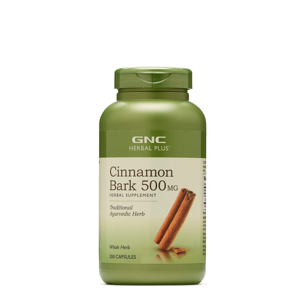 GNC Herbal Plus Cinnamon Bark 500mg bottle for daily wellness support.