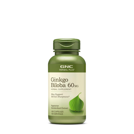 GNC Herbal Plus Ginkgo Biloba 60mg bottle supports daily mental focus.