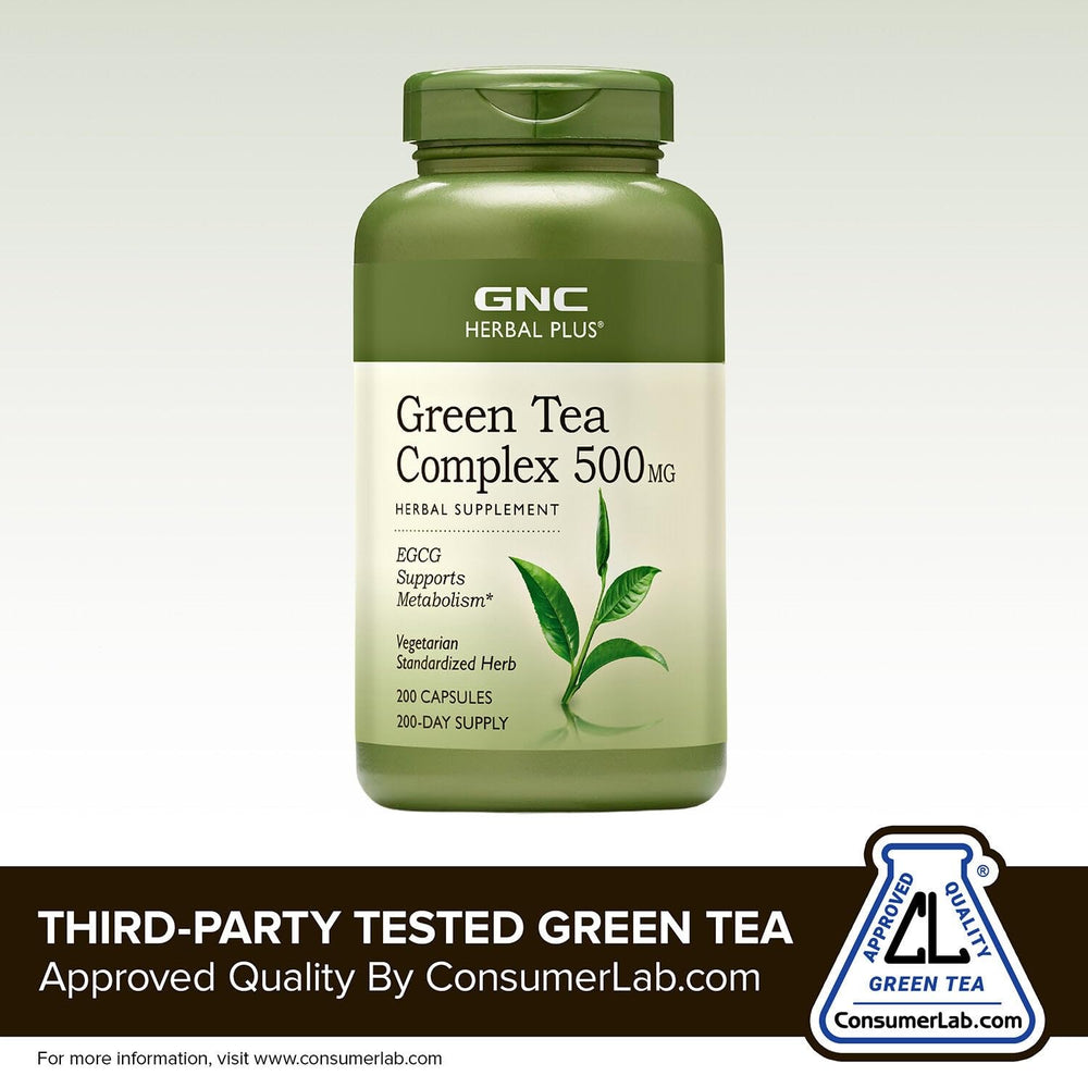 GNC Herbal Plus Green Tea Complex label shows ingredients and quality standards