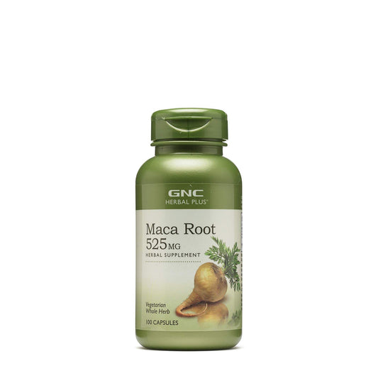 GNC Herbal Plus Maca Root 525mg bottle cap close-up for vitality support.