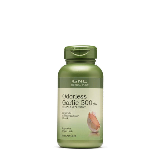 GNC Herbal Plus Odorless Garlic 500mg bottle for daily heart-support routines.