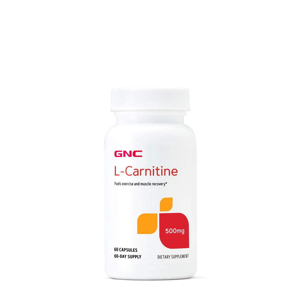 GNC L-Carnitine 500mg bottle label, supports easy daily metabolism for workouts.