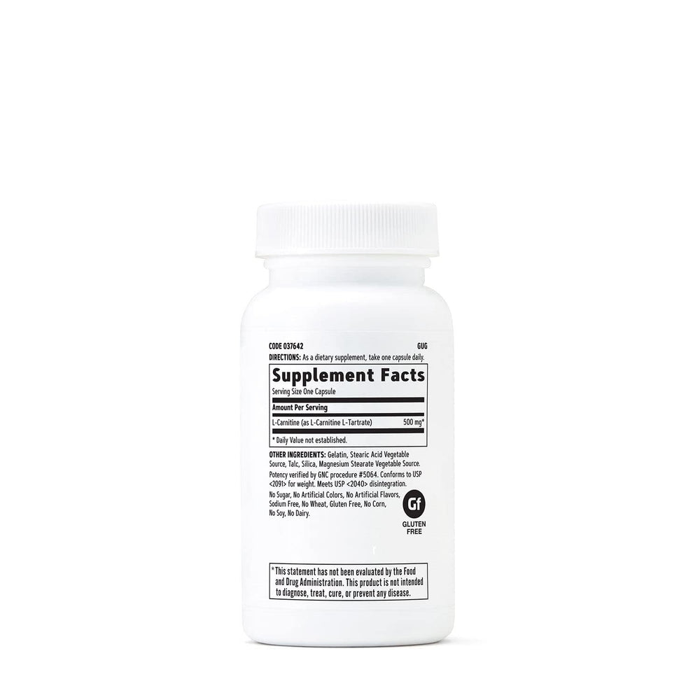 GNC L-Carnitine 500mg capsules front, simple daily supplement for recovery after training.