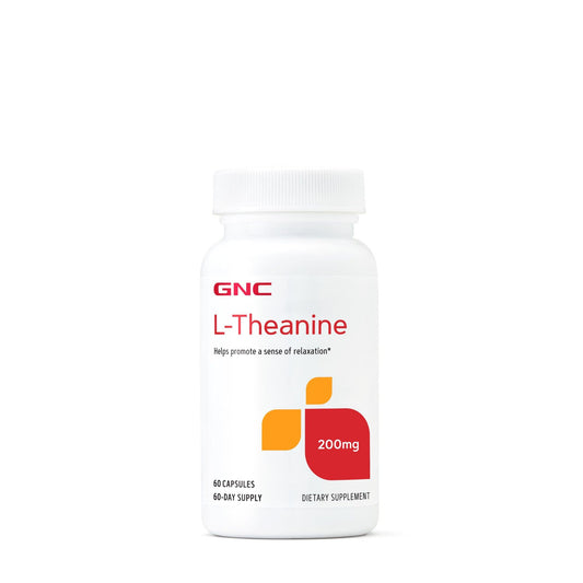 GNC L-Theanine 200mg softgel bottle for calm, relaxed daily calm.