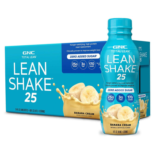 GNC Lean Shake 25 Banana Cream bottle shows convenient meal replacement on the go.