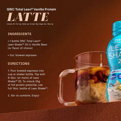 GNC Lean Shake 25 nutrition facts panel shows 25g protein and 3g fiber.