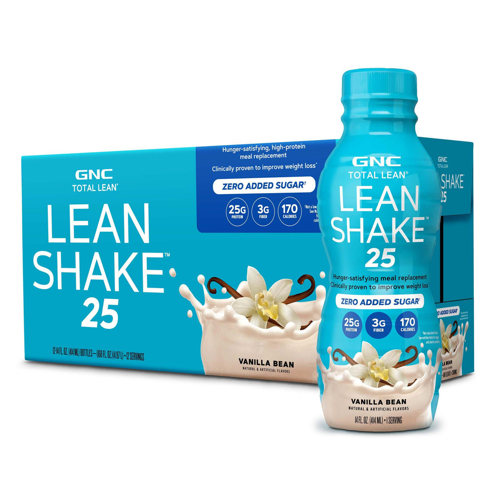 GNC Lean Shake 25 ready-to-drink vanilla bottle for a quick meal replacement.