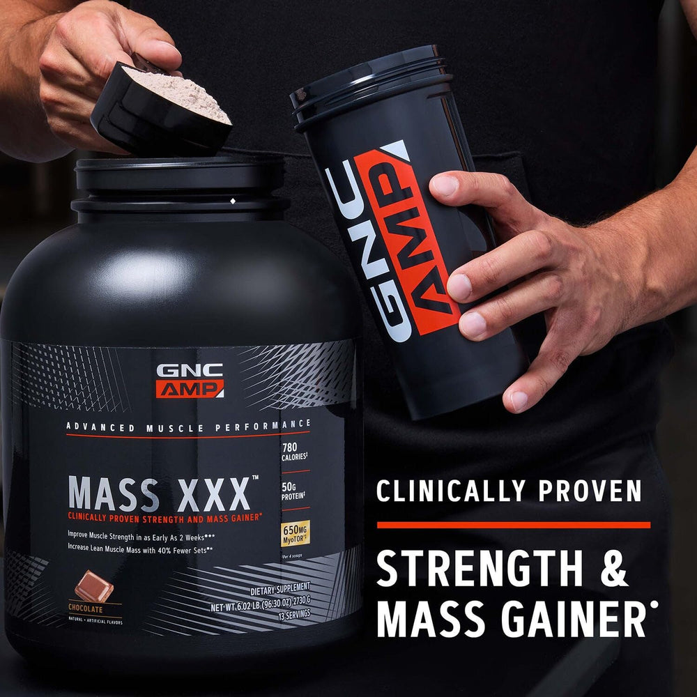GNC AMP Mass XXX nutrition facts panel shows calories and protein.