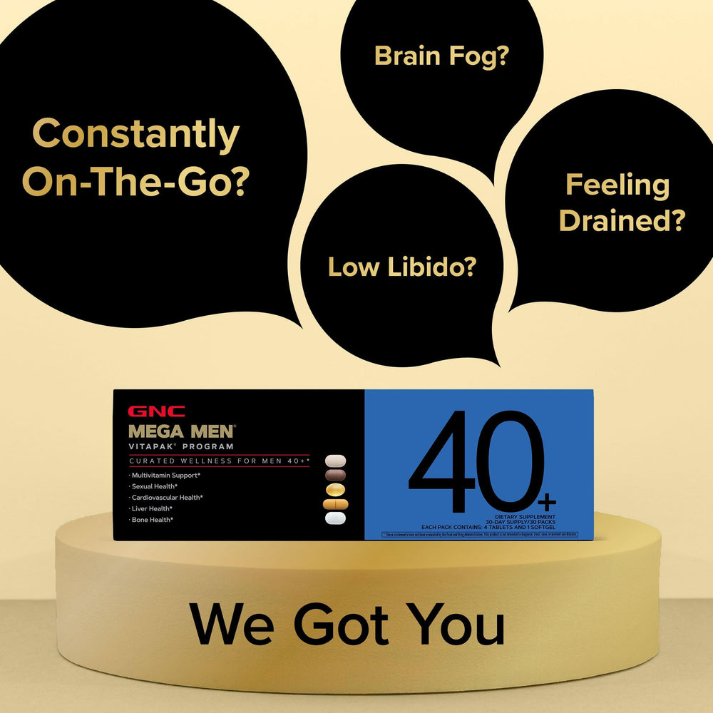 GNC Mega Men 40+ packaging on a kitchen counter for daily health routine.