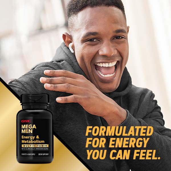 GNC Mega Men Energy and Metabolism bottle with a health-focused design.