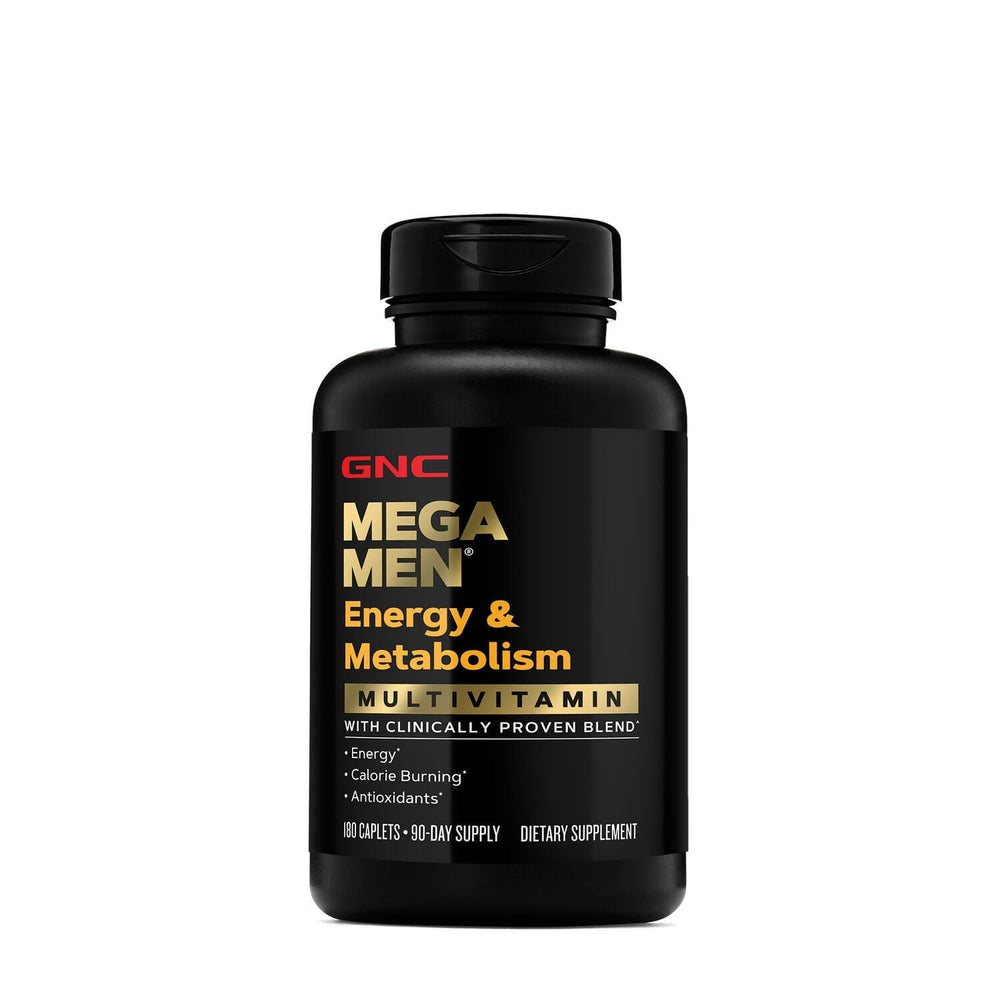 GNC Mega Men Energy and Metabolism tablets closeup showing compact capsules.