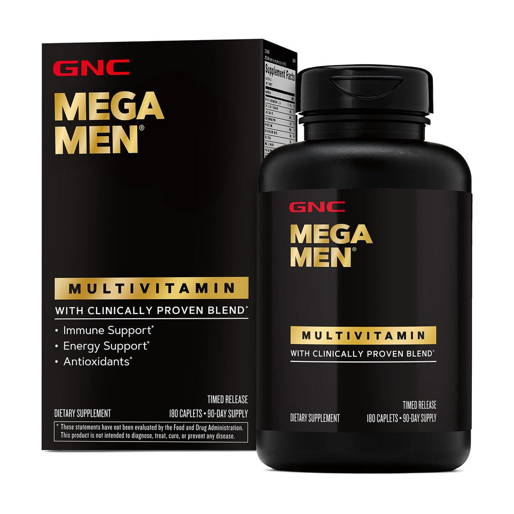 GNC Mega Men multivitamin bottle front showing energy and immune support focus.
