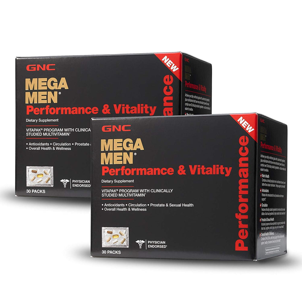 GNC Mega Men Performance Vitality bottle with compact capsules for easy daily nutrition.