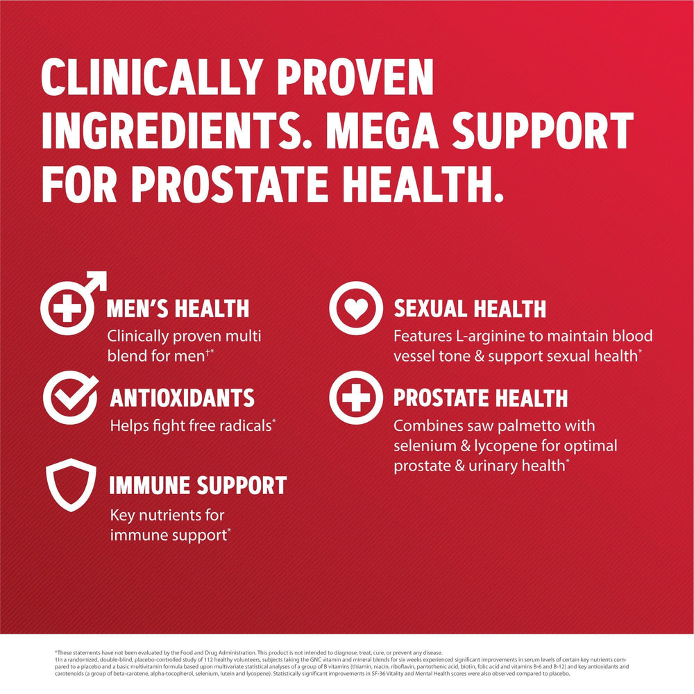 GNC Mega Men Prostate and Virility packaging emphasizes saw palmetto and lycopene ingredients