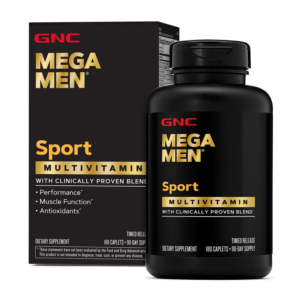 GNC Mega Men Sport bottle front promotes daily energy support for active men.