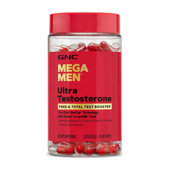 GNC Mega Men Ultra Testosterone bottle front view for energy support.