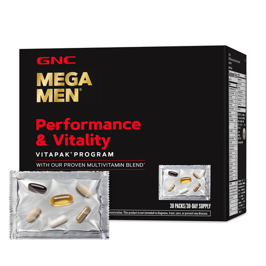 GNC Mega Men Vitapak bottle-pour for convenient daily nutrition.