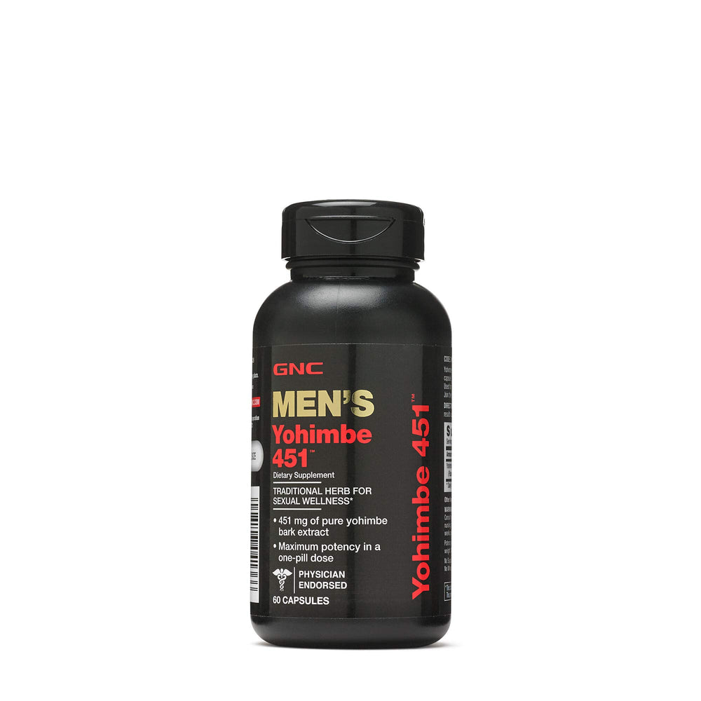 GNC Men's Yohimbe 451 bottle highlighting standardized extract for daily wellness