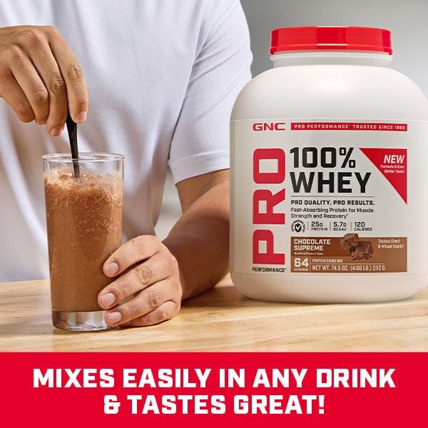 GNC Pro Performance 100% Whey Protein Powder 2.0 in gym bag ready for training days