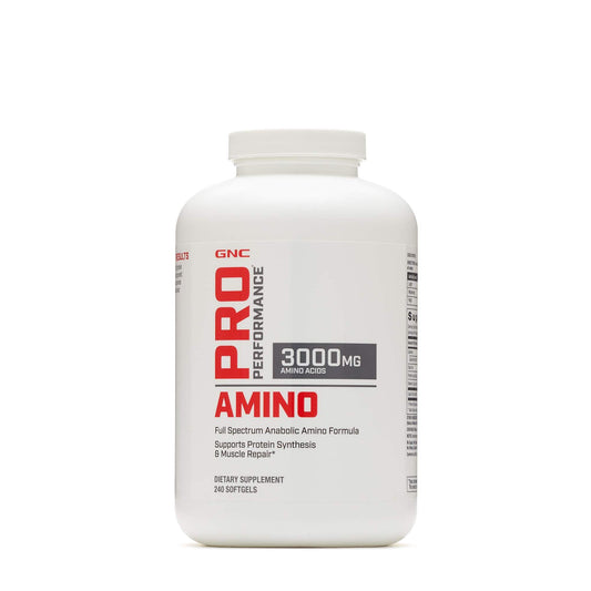 GNC Pro Performance Amino 3000 softgel bottle front for post-workout support