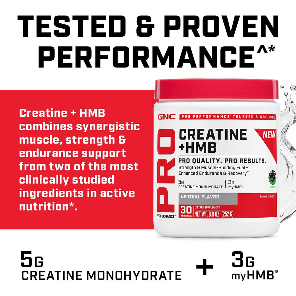 Scoop and tub of GNC Pro Performance Creatine Monohydrate + HMB for daily use