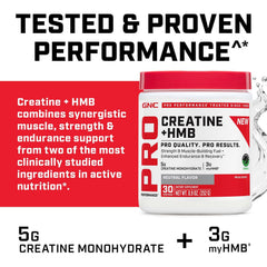 Scoop and tub of GNC Pro Performance Creatine Monohydrate + HMB for daily use
