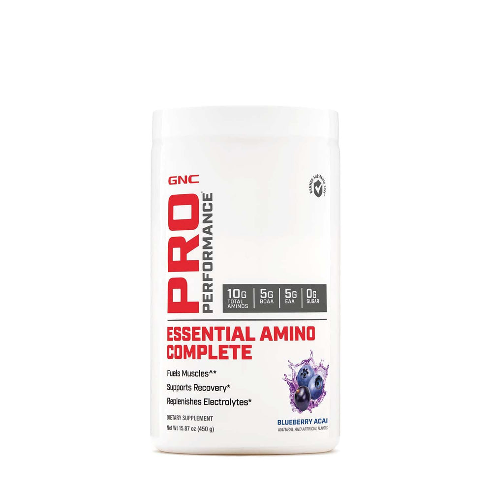 GNC Pro Performance Essential Amino Complete blueberry acai bottle for intra-workout hydration and flavor