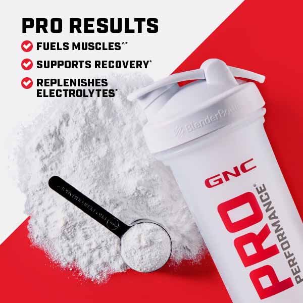 GNC Pro Performance Essential Amino Complete bottle closeup emphasizes premium formulation.