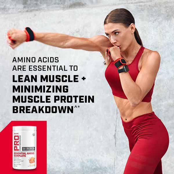GNC Pro Performance Essential Amino Complete ingredients panel highlights EAA and BCAA content.
