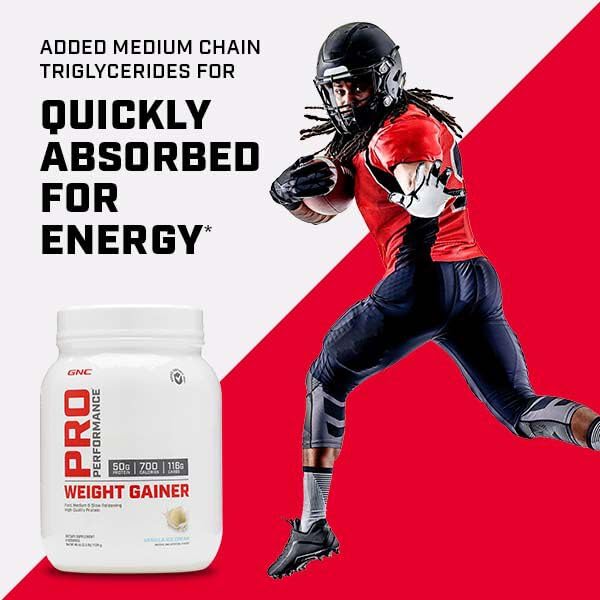 GNC Pro Performance Weight Gainer scoop in bowl emphasizes simple portioning.
