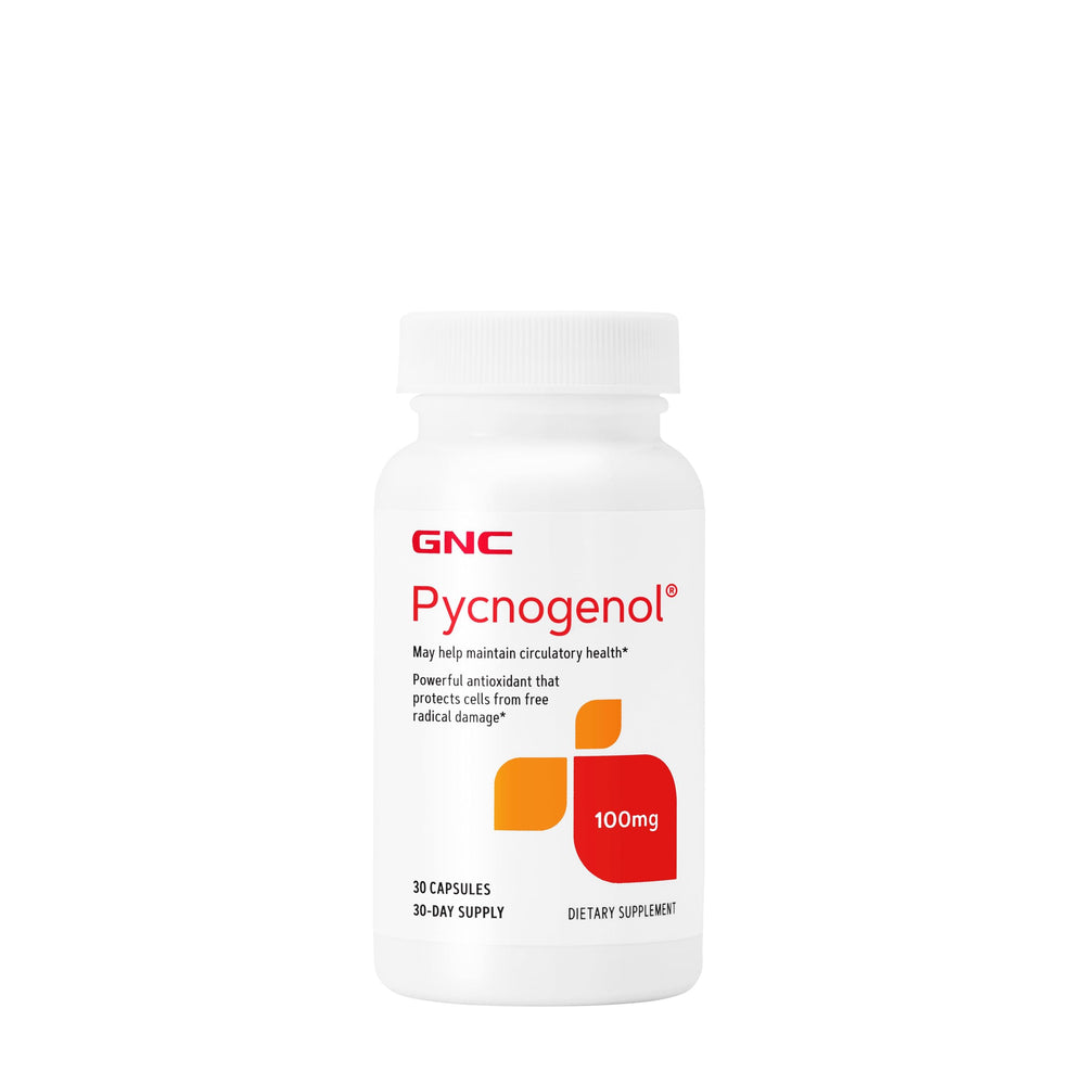 GNC Pycnogenol 100mg bottle front view highlighting label and circulatory support.