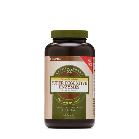 GNC Super Digestive Enzymes bottle close-up highlighting packaging and label