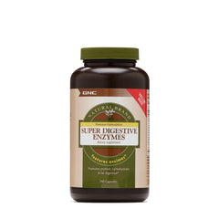 GNC Super Digestive Enzymes bottle close-up highlighting packaging and label