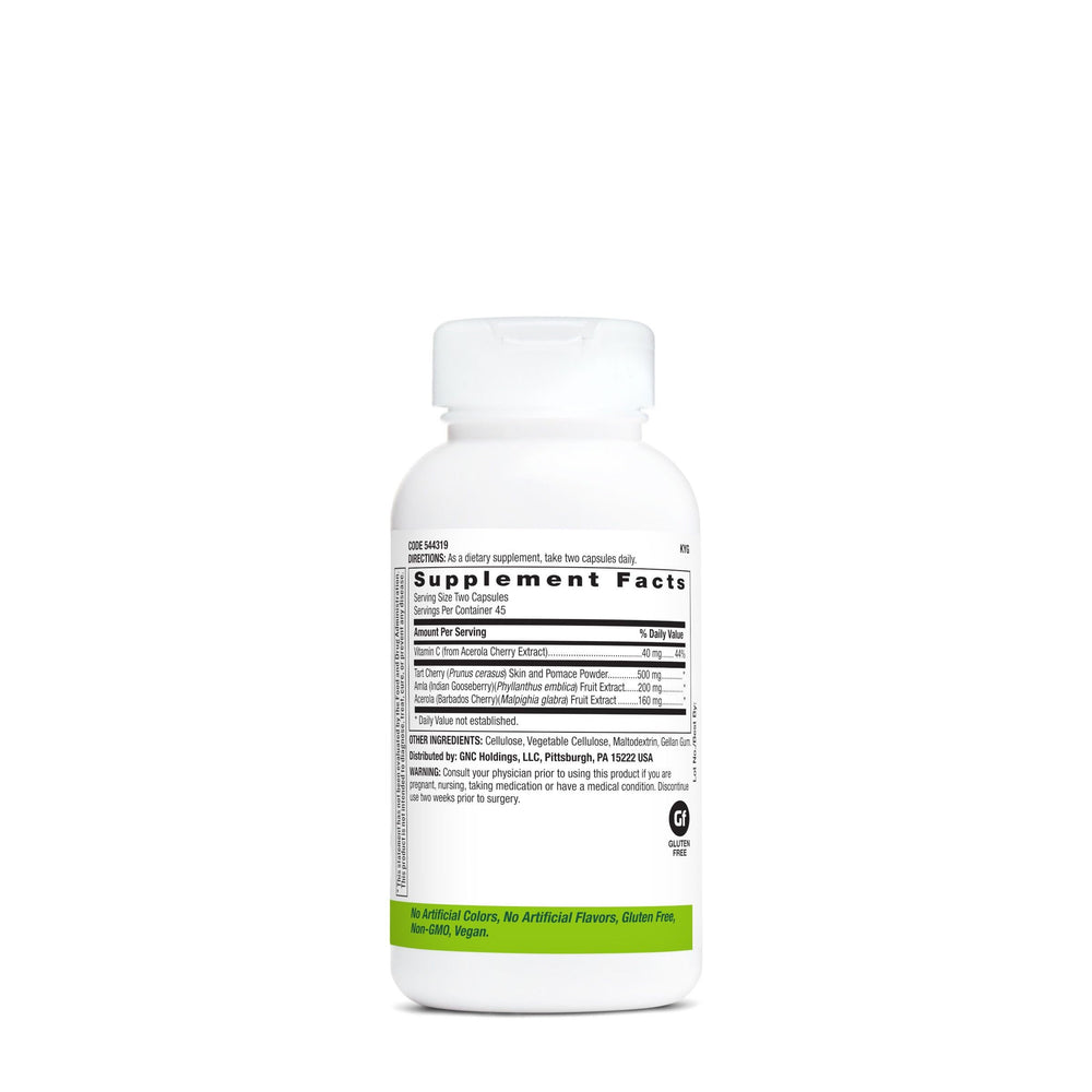 GNC SuperFoods Cherry Complex label highlights vegan, gluten-free, non-GMO formula.