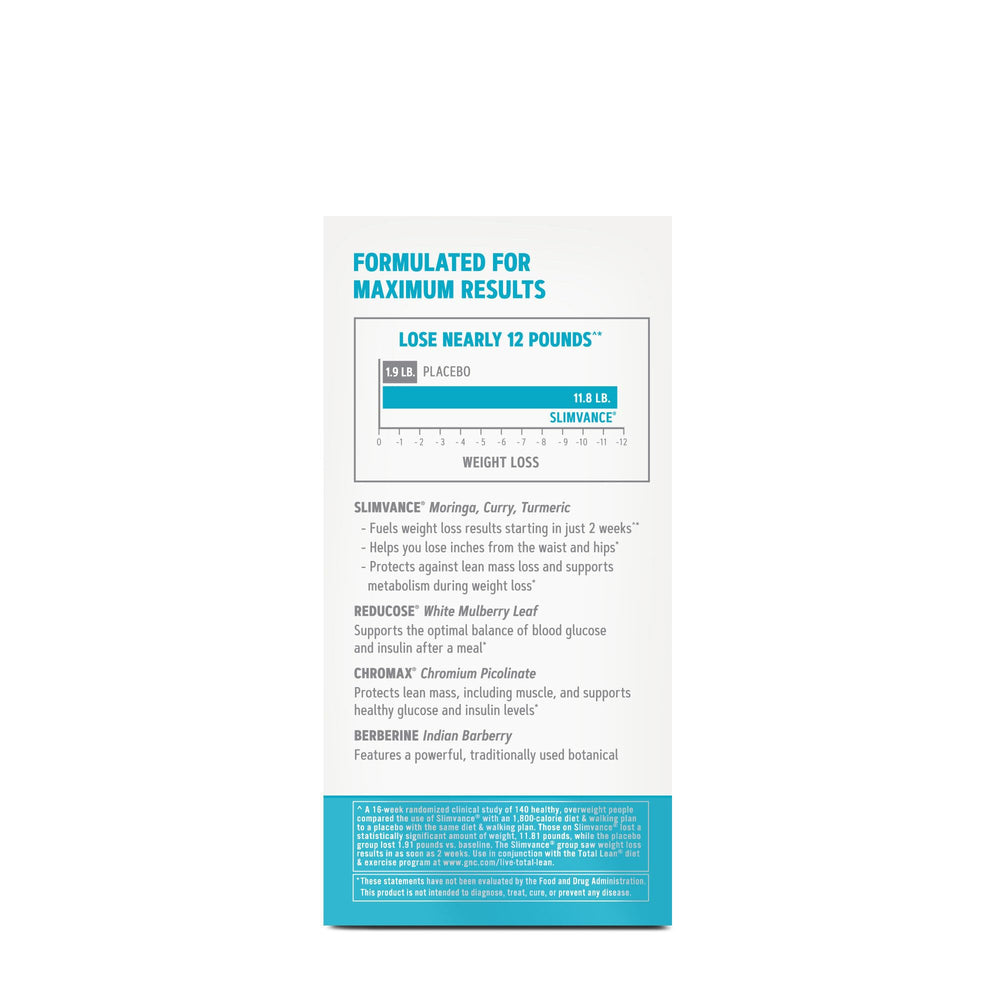 GNC Total Lean GlucaTrim bottle label highlighting berberine and Slimvance