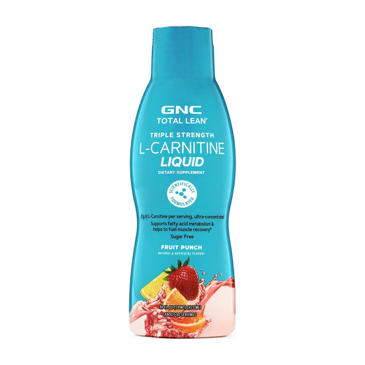 GNC Total Lean L-Carnitine Liquid bottle pouring to support fatty acid metabolism during workouts