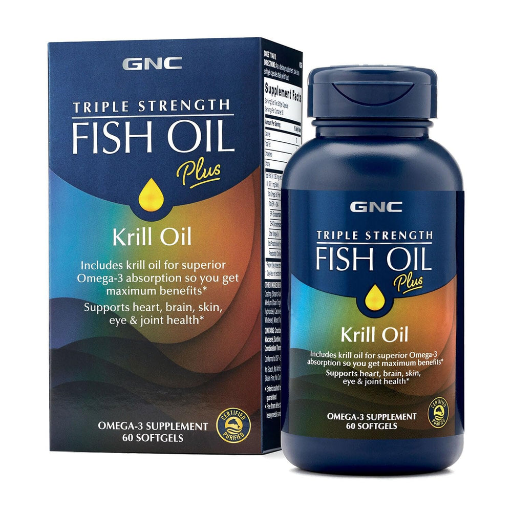 GNC Triple Strength Fish Oil Plus Krill Oil bottle highlighting omega-3 blend for heart and joint support