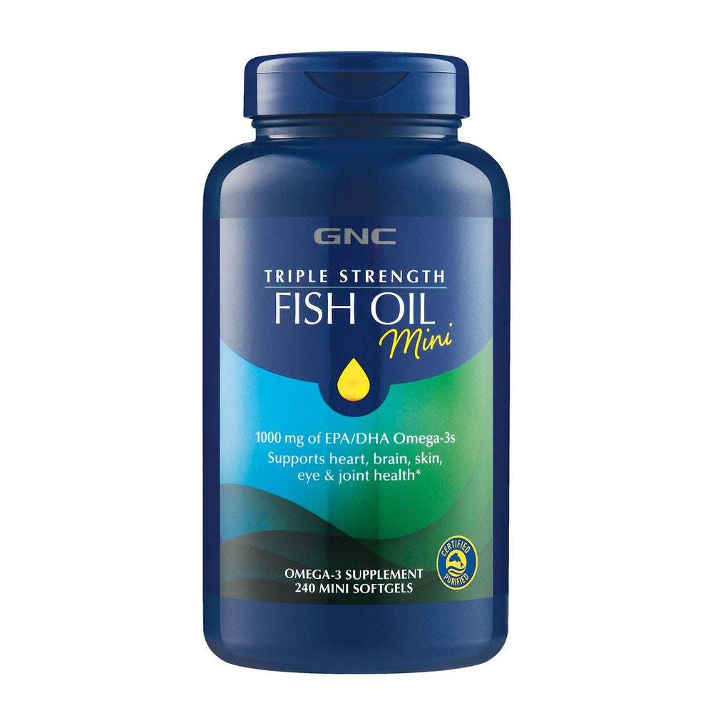 GNC Triple Strength Fish Oil mini softgel bottle with label highlighting 1000 mg EPA/DHA for wellness