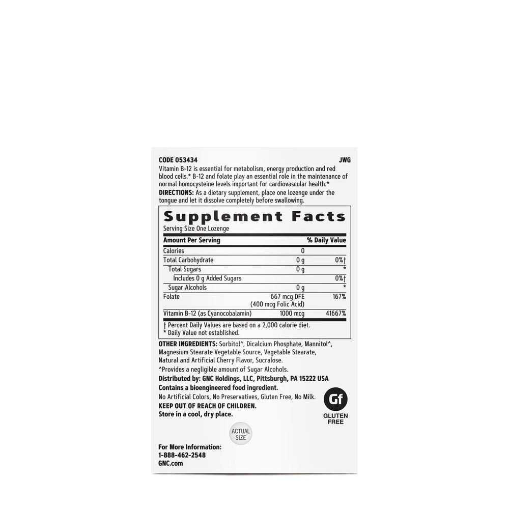 GNC Vitamin B-12 cherry lozenge label close-up highlighting gluten-free and dairy-free ingredients.