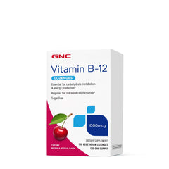 GNC Vitamin B-12 1000mcg cherry lozenge pack showing energy support and sugar-free formula.