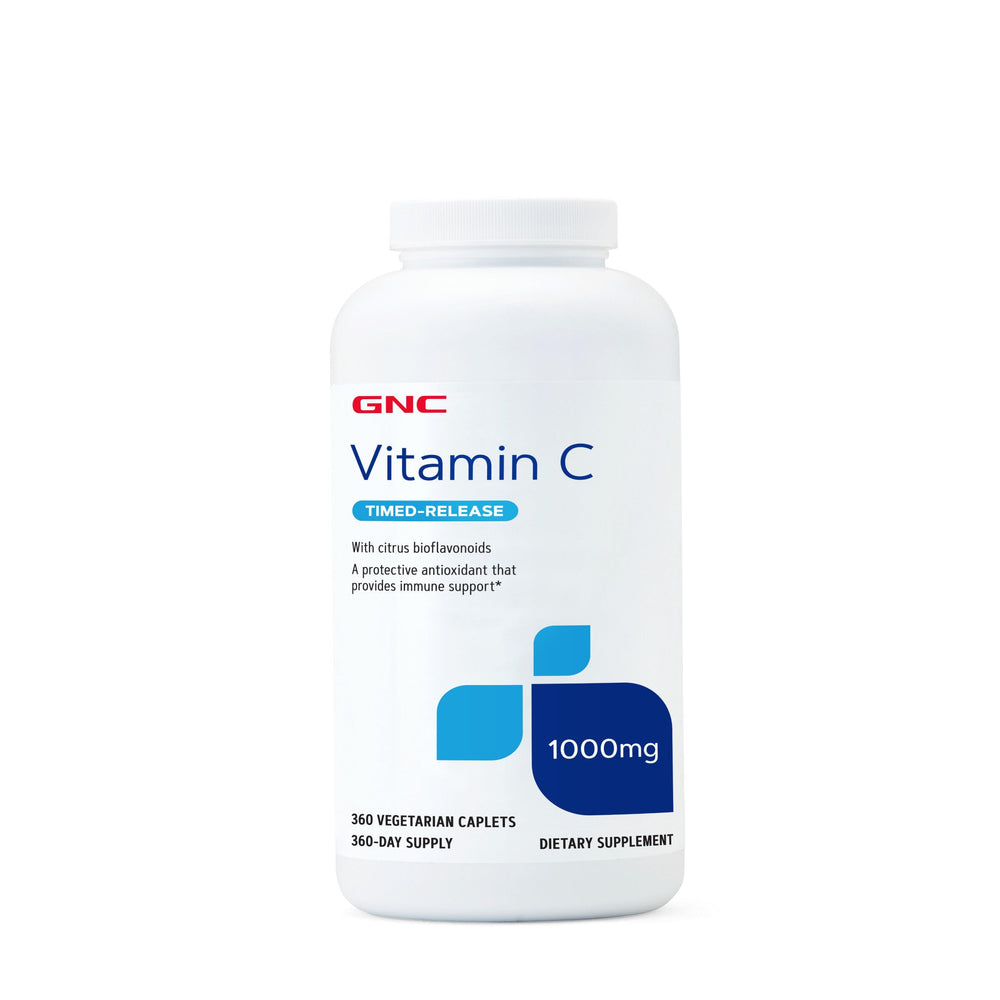 GNC Vitamin C 1000mg timed-release bottle with daily immune-support caplets.