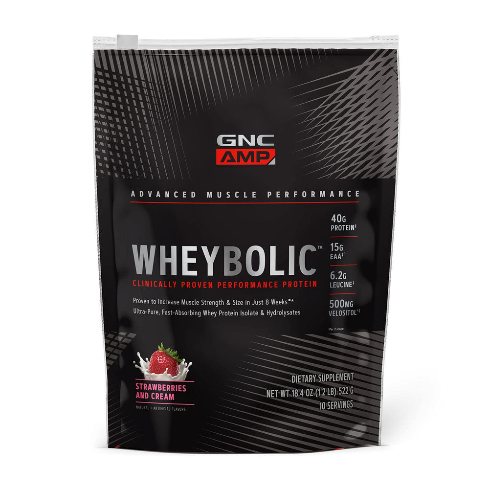 GNC Wheybolic Strawberry Cream powder supports muscle recovery and strength.