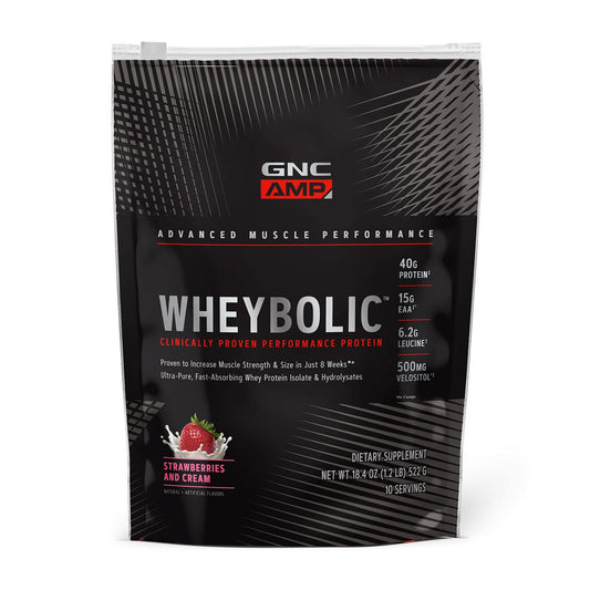 GNC Wheybolic Strawberry Cream powder supports muscle recovery and strength.