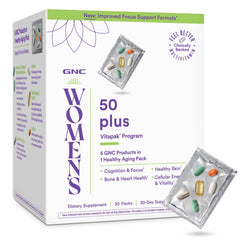 GNC Women's 50 Plus Vitapak bottle front showcasing complete daily nutrition for healthy aging.