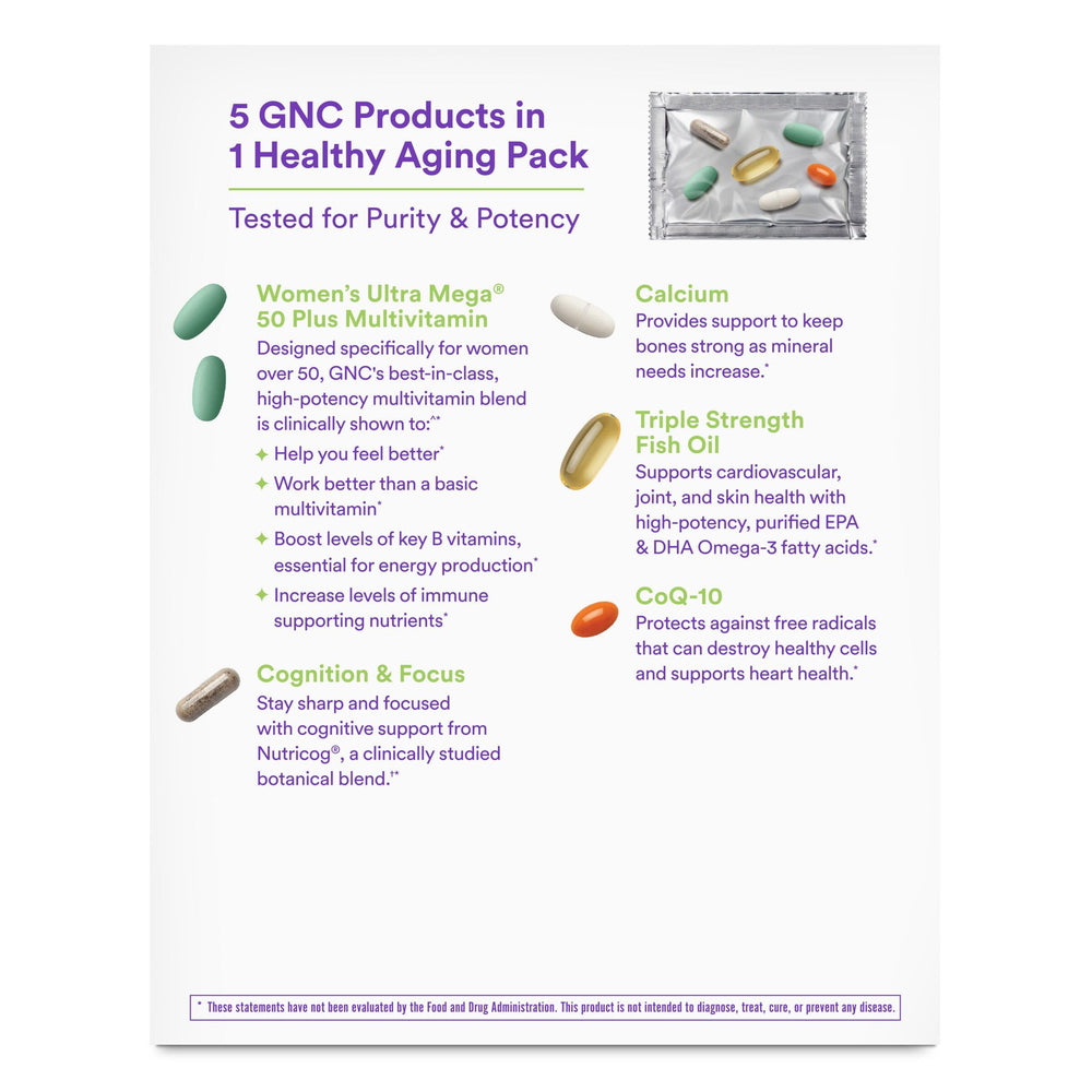 GNC Women's 50 Plus Vitapak bottle pour showing easy-to-take capsules on the go.