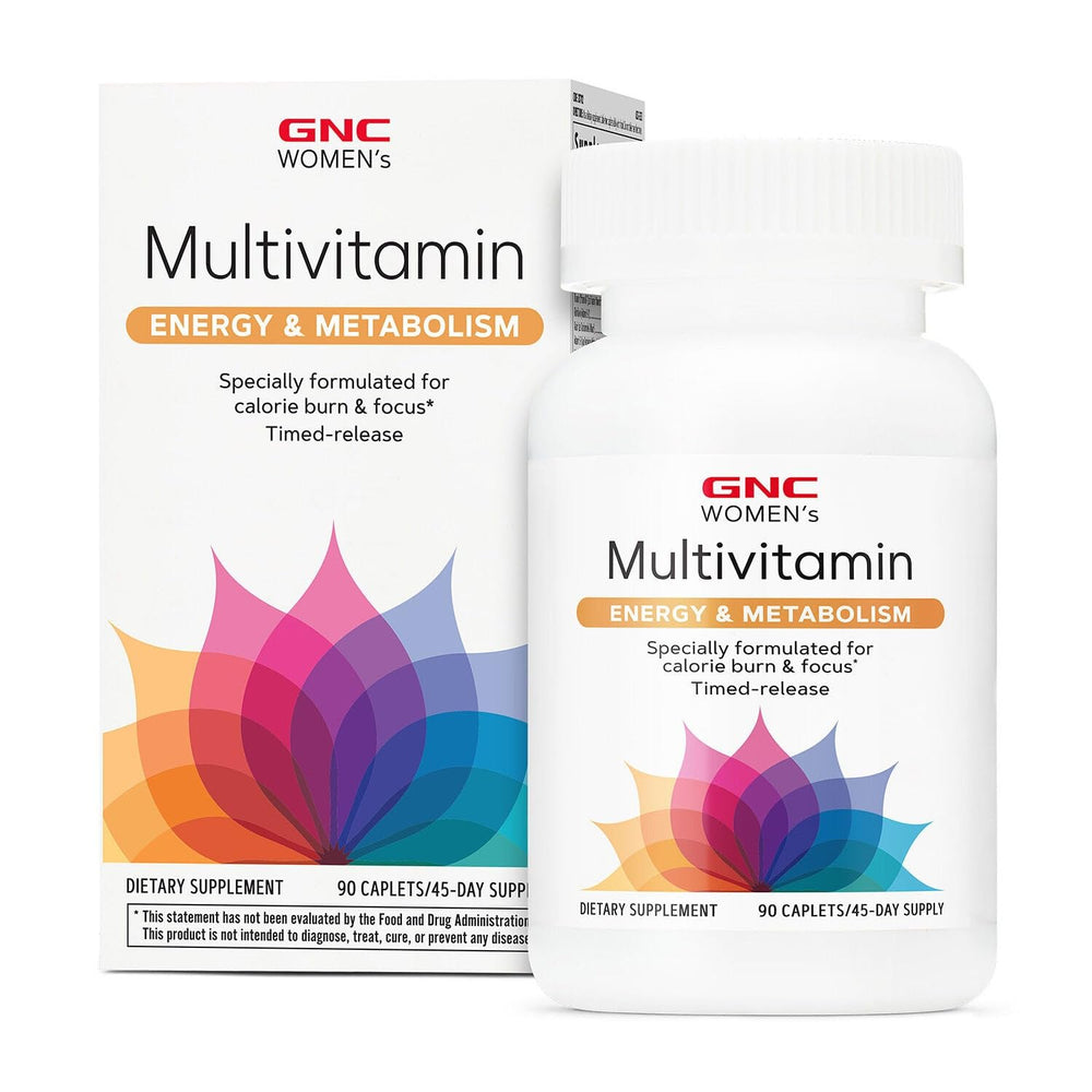 GNC Women's Energy & Metabolism multivitamin bottle supports daily energy and immune health.