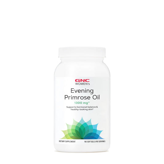 GNC Women's Evening Primrose Oil softgel bottle close-up for daily skin support.